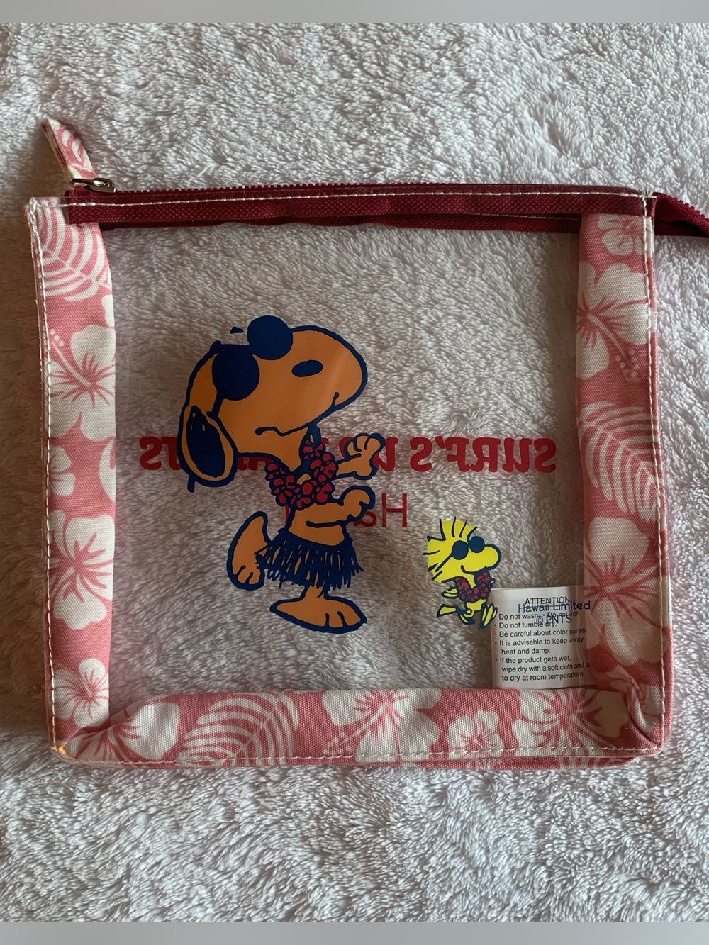 Rare Hawaii Limited Suntan Snoopy & Woodstock Clear Zipper Pouch pink
